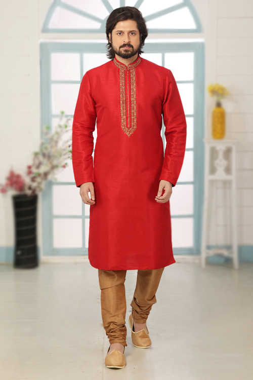 Dupion Silk Red Men's Kurta Churidar with Resham Work 