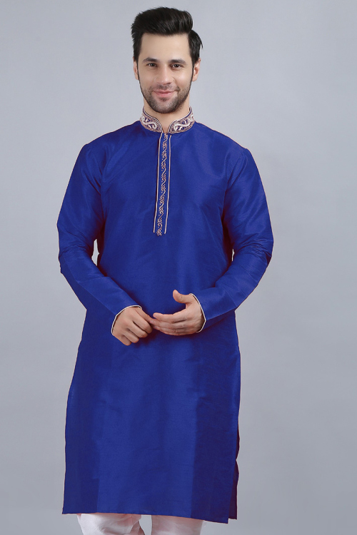 Dupion Silk Royal Blue Patch Embroidered Men's Kurta