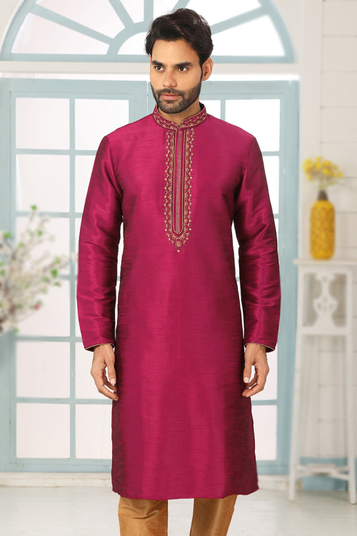 Dupion Silk Ruby Pink Embroidered Straight Cut Men's Kurta