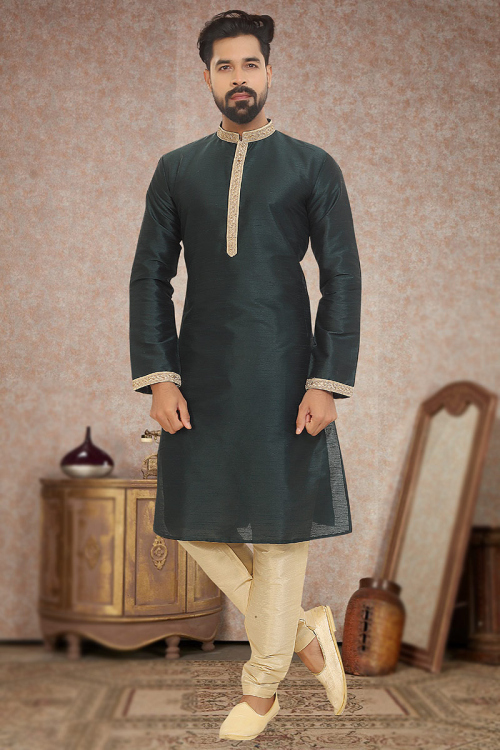 Dupion Silk Salamander Green Men's Kurta With Churidar