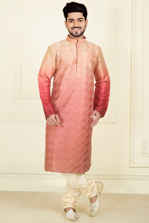 Dupion Silk Salmon Peach Embroidered Kurta Churidar for Men