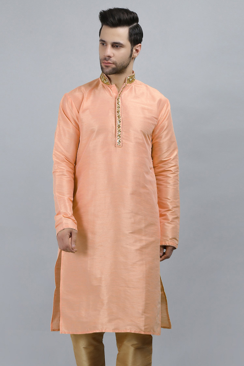Dupion Silk Salmon Peach Patch Embroidered Men's Kurta
