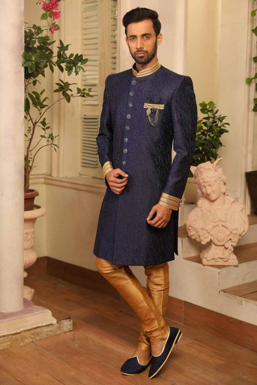 Dupion Silk Sherwani In Navy Blue Colour For Men
