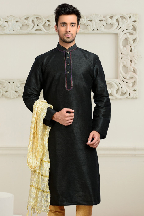 Dupion Silk Straight Cut Black Men’s Kurta With Zari Work