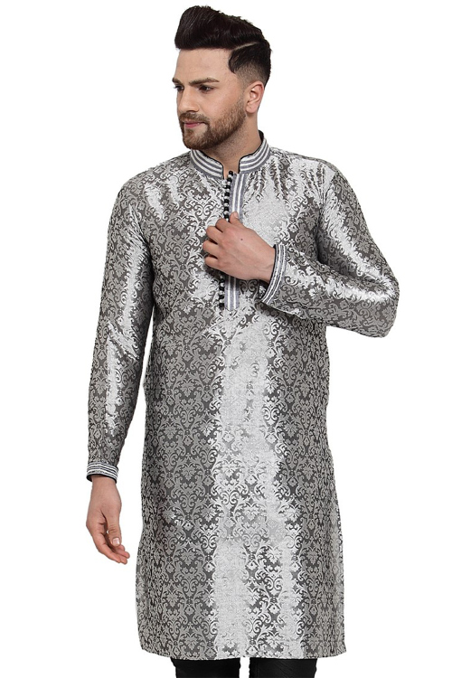 Dupion Silk Straight Cut Dark Grey Men’s Kurta With Woven Zari Work