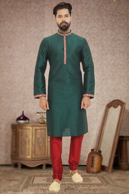Dupion Silk Teal Green Men's Kurta With Churidar
