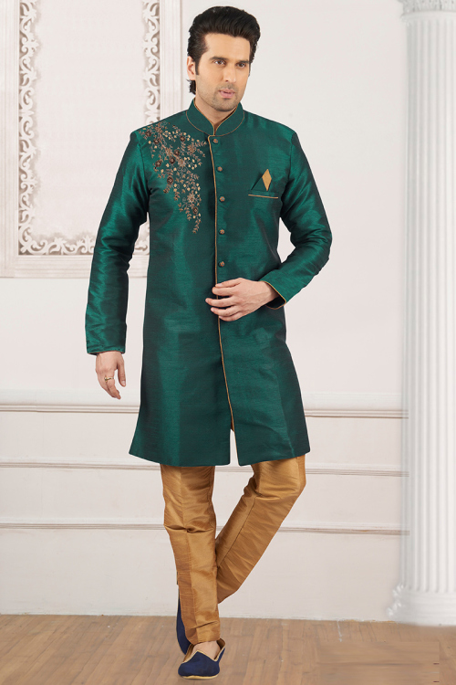 Dupion Silk Teal Green Zari Embroidered Men's Sherwani 