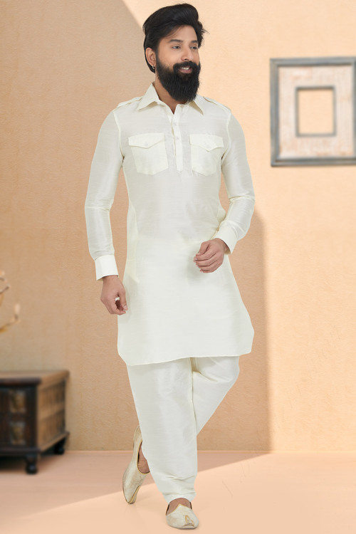 White Dupion Silk Men Kurta Pajama for Casual Wear