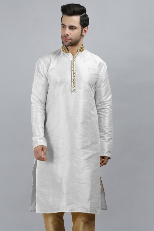 Dupion Silk White Patch Embroidered Men's Kurta