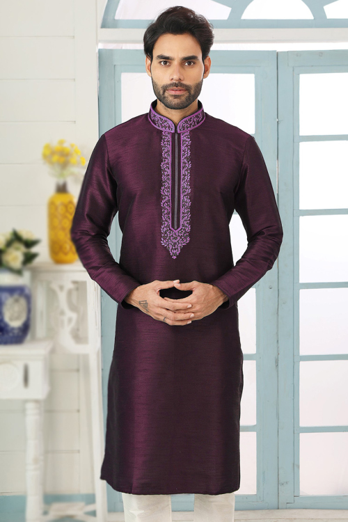 Dupion Silk Wine Maroon Embroidered Straight Cut Men's Kurta 