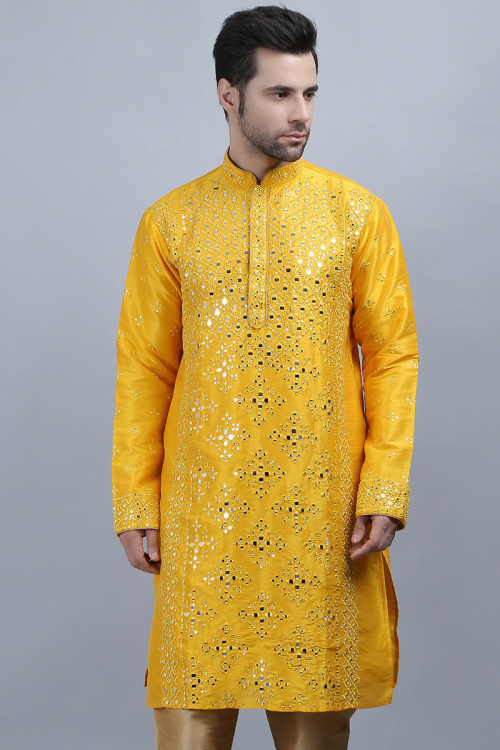 Dupion Silk Yellow Men's Embroidered Kurta 