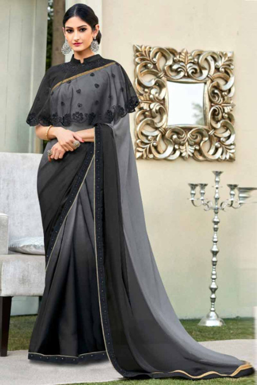 Allure black draped sari and blouse | Embroidered blouse, Ruffle saree,  Fashion