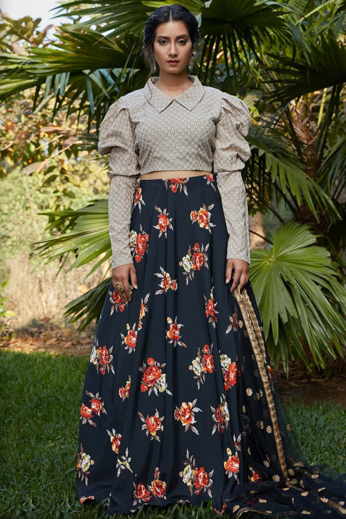 Ethnicity Artisan Olive Lehenga Skirt with Gold Print - In-Sattva