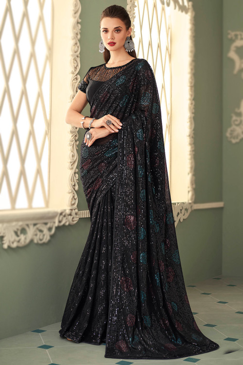 Black Georgette Saree With Full Heavy 5MM Sequins Work - Monastoor- Indian  ethnical dress collections with more than 1500+ fashionable indian  traditional dresses and ethnical jewelleries.