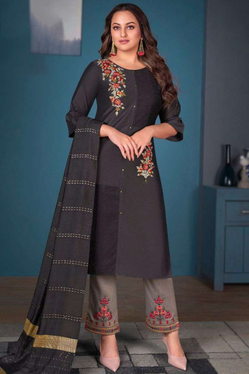 Party Wear Resham Embroidered Dusty Black Trouser Suit in Silk
