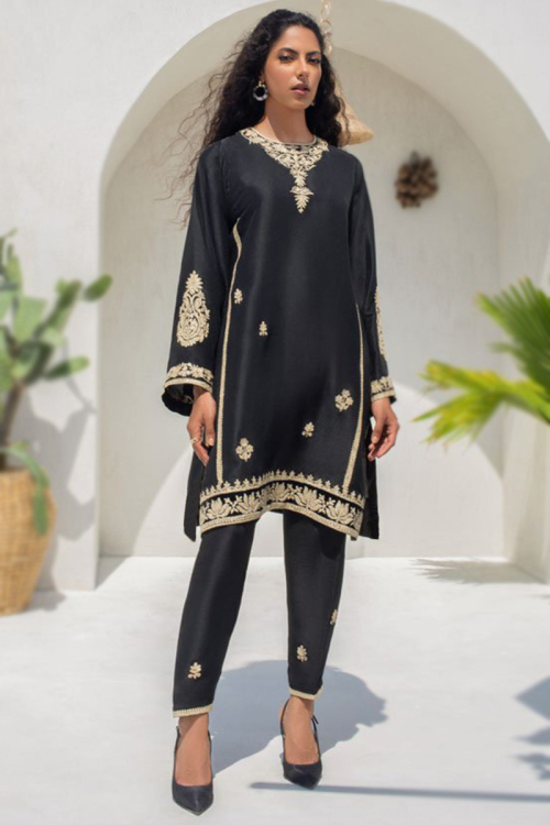 Black Silk Straight Cut Party Wear Wedding Trouser Suit