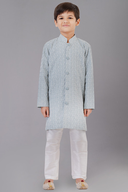 Dusty Blue Art Silk Embroidered Kid's Kurta Pajama