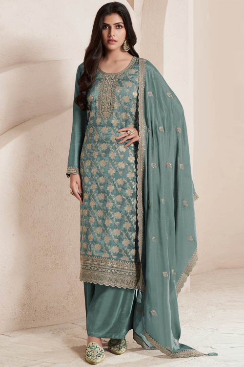 Dusty Blue Art Silk Straight Pants Suit With Woven Zari Work