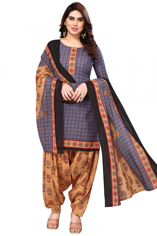 Dusty Blue Casual Wear Printed Cotton Straight Cut Patiala Suit