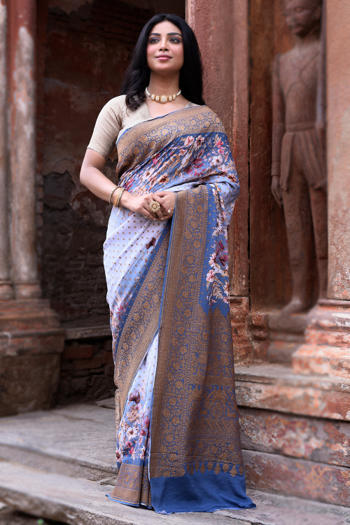 Dusty Blue Chiffon Printed Broad Border Saree
