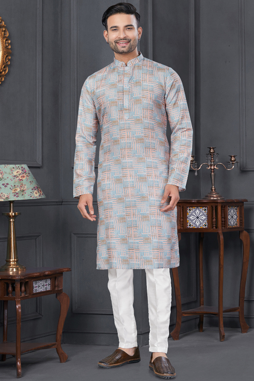Dusty Blue Cotton Printed Straight Cut Men's Kurta Pajama