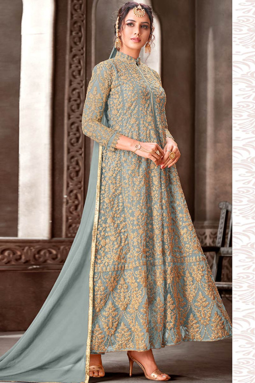 Dusty Blue Embroidered Net Anarkali Suit