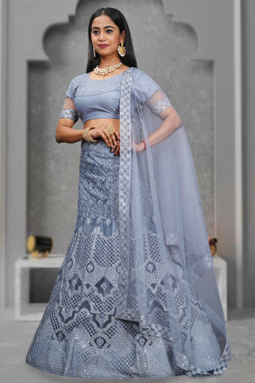 Dusty Blue Embroidered Net Panelled Style Lehenga 