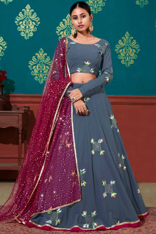 Dusty Blue Georgette A Line Party Wear Lehenga
