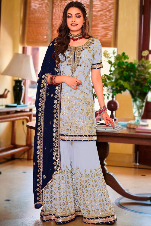 Dusty Blue Georgette Embroidered Sharara Suit