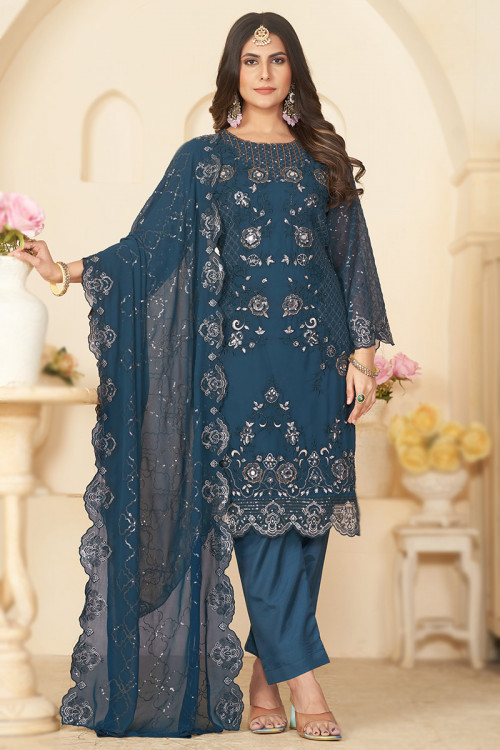 Dusty Blue Georgette Embroidered Straight Cut Suit 