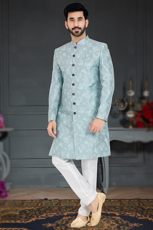 Dusty Blue Jacquard Straight Cut Men's Sherwani