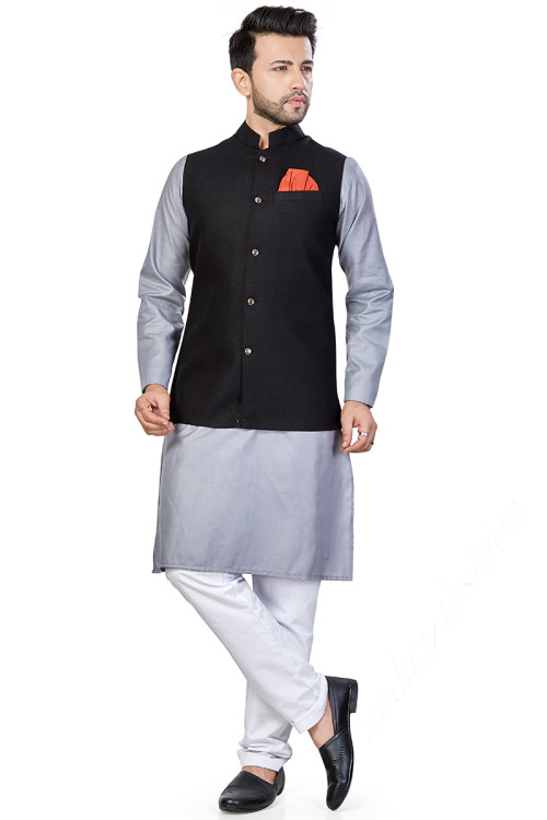 Buy Jacket Style Linen Plain Kurta Pajama Online for Men in UK