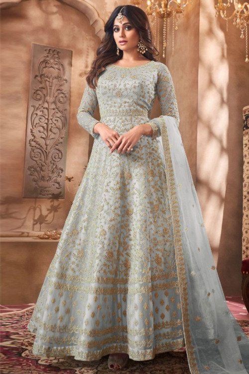 Dusty Blue Net Bridesmaid Embroidered Anarkali Suit