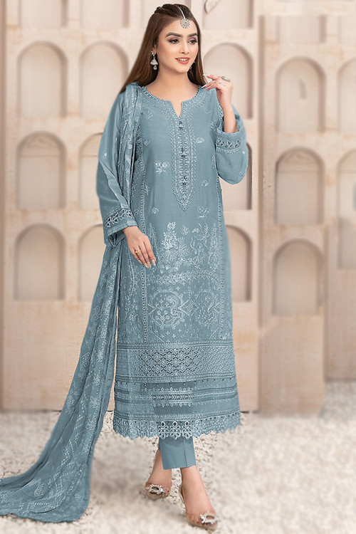 Buy Calf Length Blue Lace Work Indian Plus Size Dresses Online for Women in USA