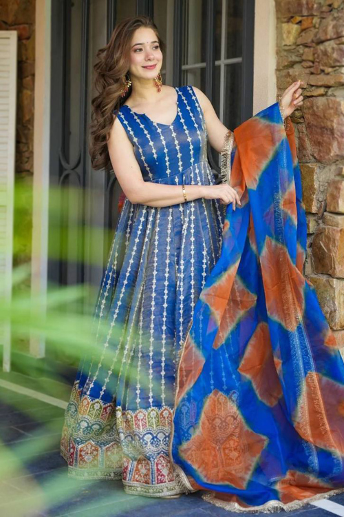 Dusty Blue Organza Silk Printed Anarkali Suit 