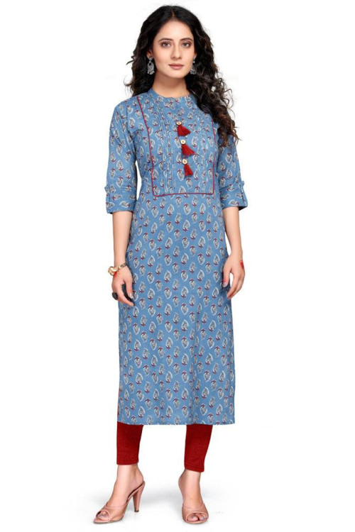 Buy Side Slit Blue Chinese Collar Neck Plus Size Kurtis Online for Women in USA