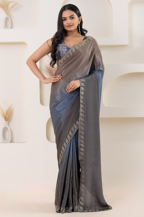 Dusty Blue Satin Printed Shimmer Saree