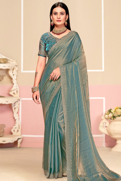 Dusty Blue Satin Silk Saree With Stone Work For Diwali