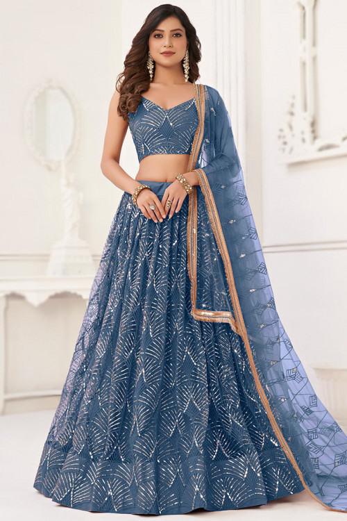 Dusty Blue Sequins Embroidered Flared Style Net Lehenga