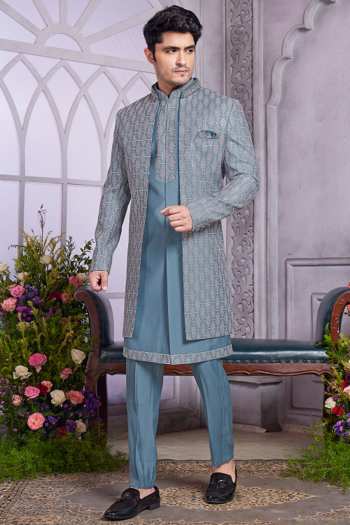 Dusty Blue Silk Blend Embroidered Men's Sherwani for Wedding