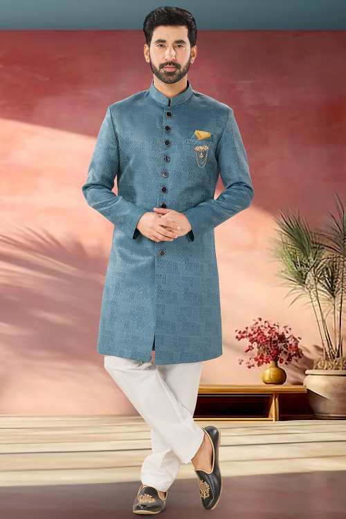 Dusty Blue Silk Blend Embroidered Straight Cut Men's Sherwani