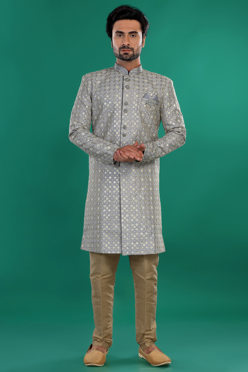 Dusty Blue Silk Embroidered Indo Western Men's Sherwani