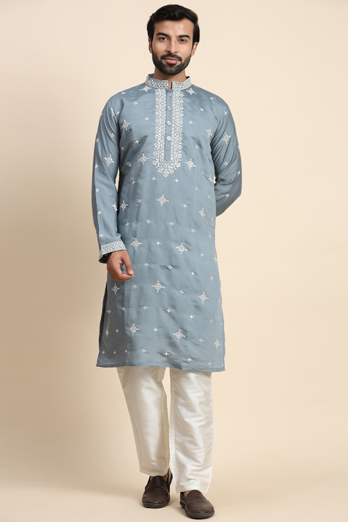 Dusty Blue Silk Embroidered Straight Cut Men Kurta Pajama