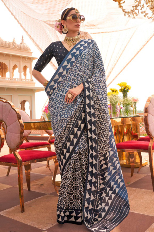 Dusty Blue Silk Printed Half And Half Casual Wear Saree 