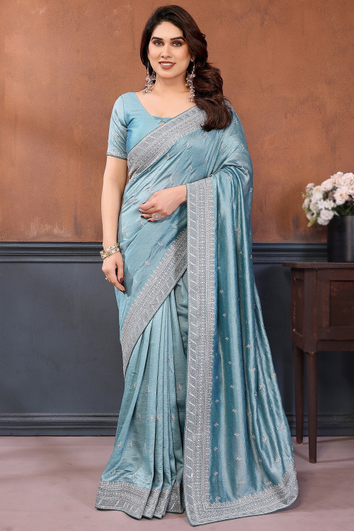 Dusty Blue Soft Silk Saree With Zari Work For Diwali