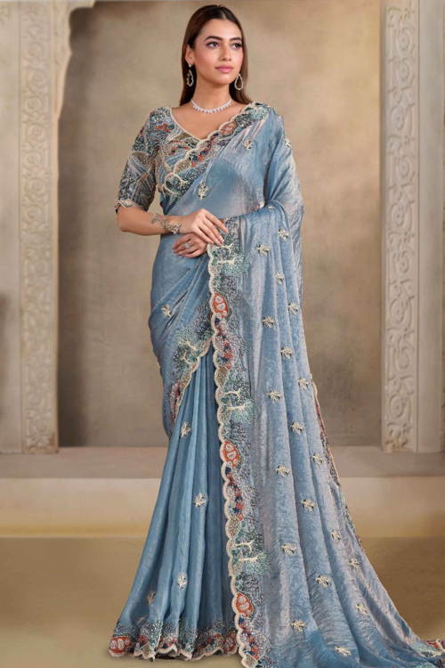 Dusty Blue Tissue Silk Saree With Sequins Work For Festival