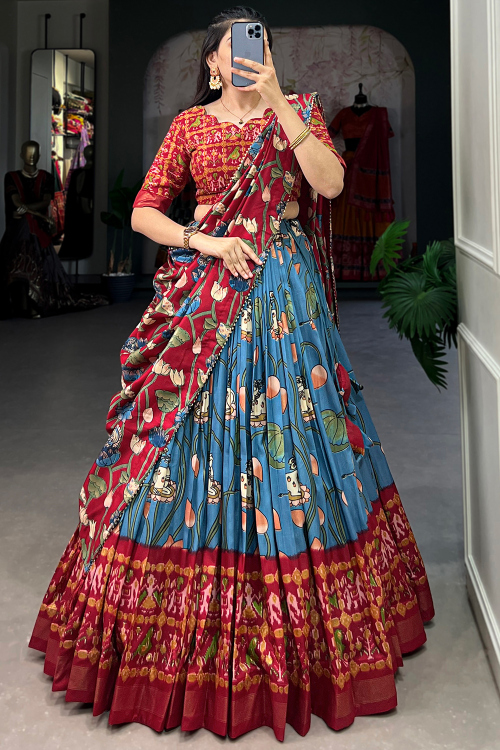 Dusty Blue Tussar Silk Lehenga With Printed Work For Diwali