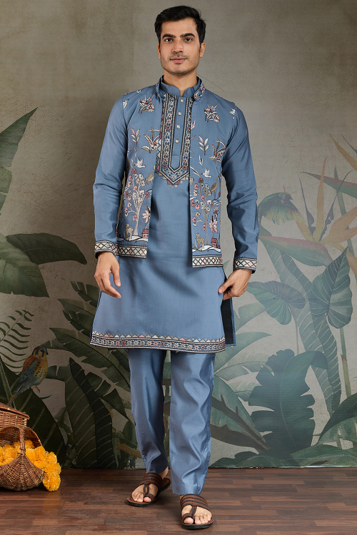 Dusty Blue Viscose Silk Men's Kurta Pajama With Embroidered Jacket