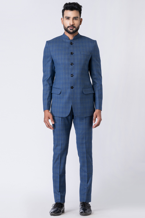 Dusty Blue Weaved Thread Poly Cotton Jodhpuri Style Men's Coat Pant