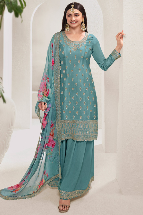 Dusty Blue Zari Embroidered Chinnon Palazzo Suit For Sangeet 